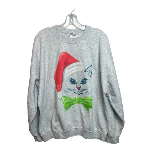 Vintage 90s Christmas Cat Holiday Kitten Crewneck Sweatshirt - Picture 1 of 7